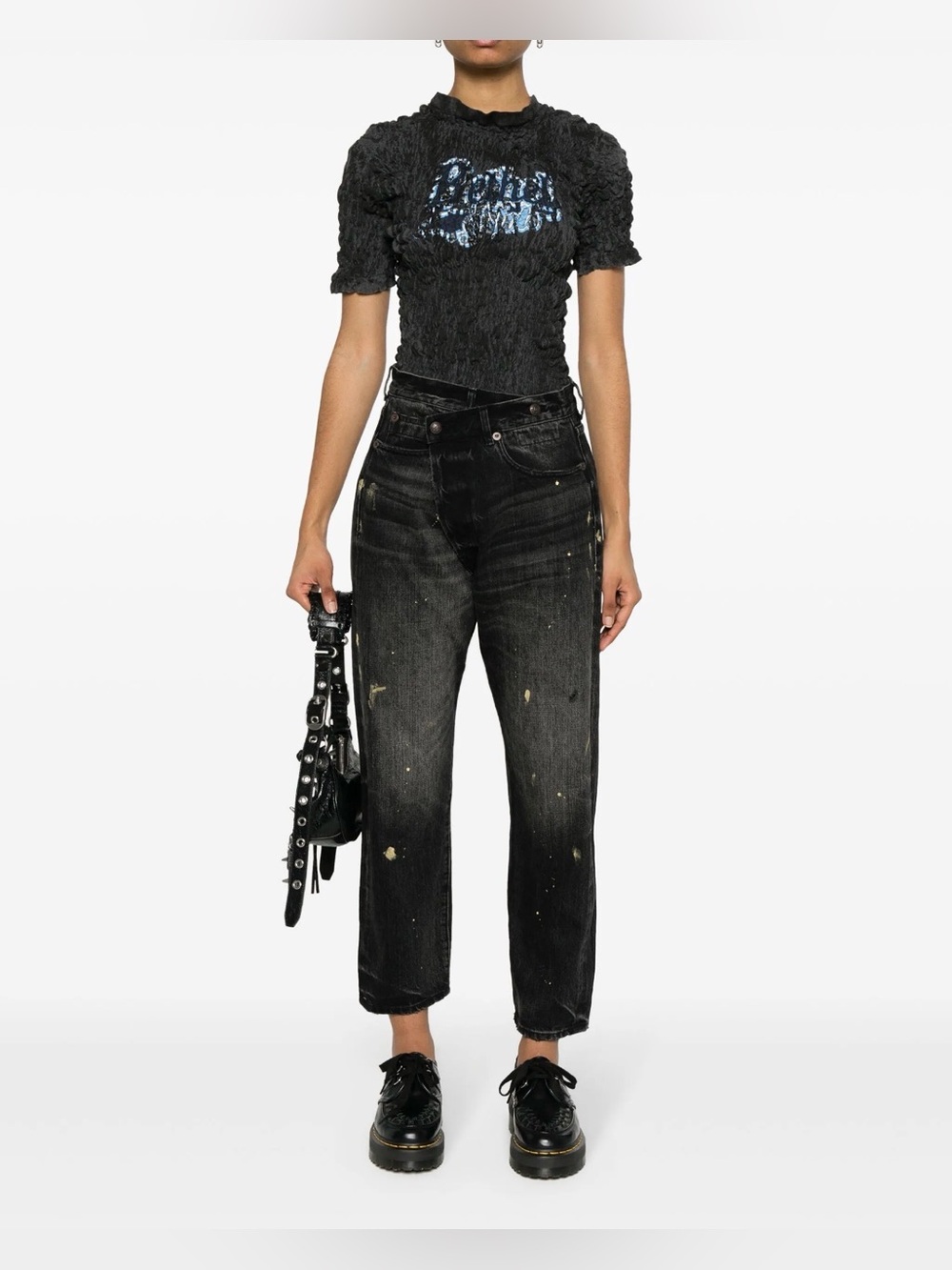R13 Black Washed Boyfriend Jeans with Distressed Paint Splatters its new